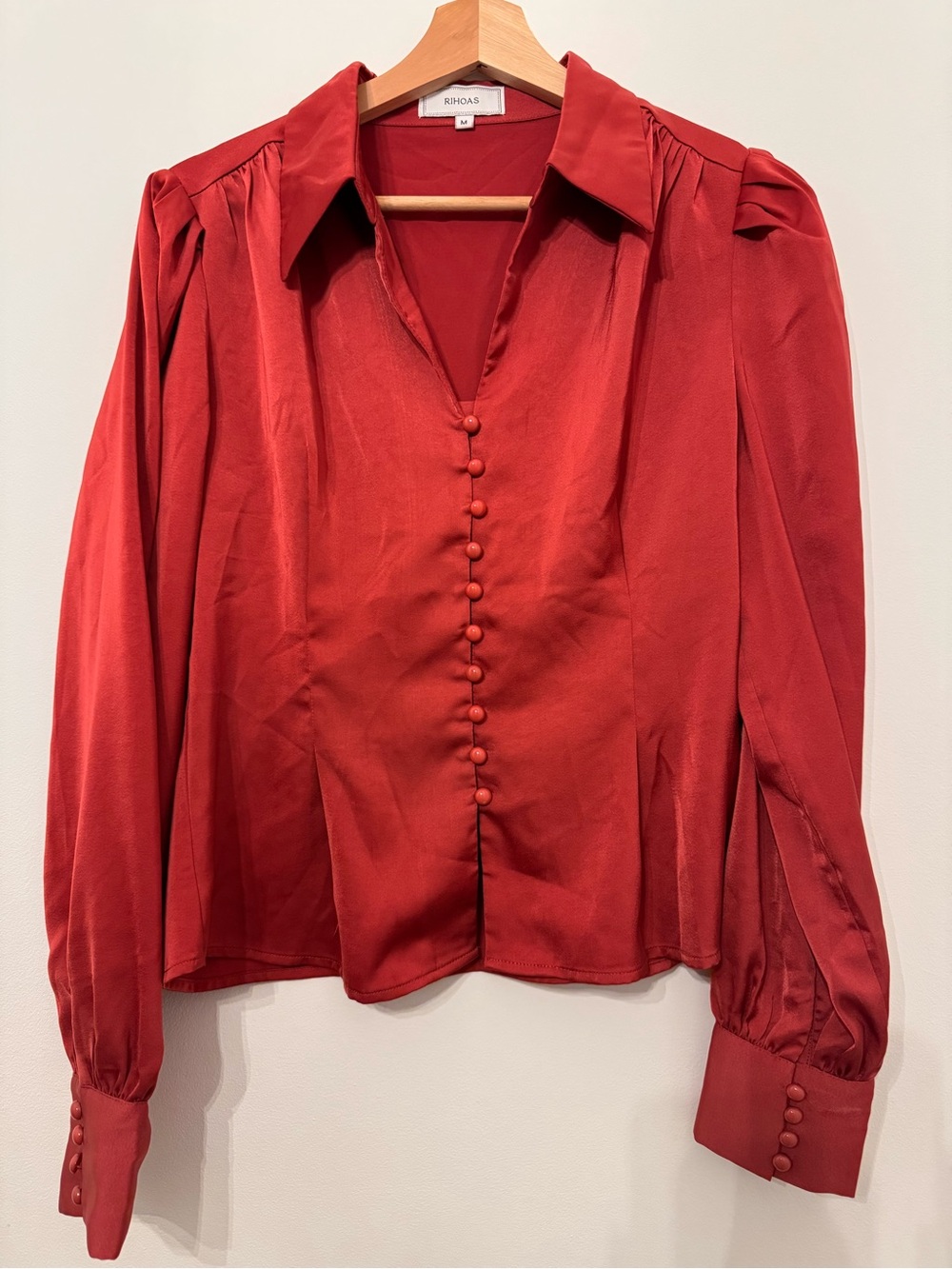 RIHOAS Crimson Red Button-Front Draped Blouse